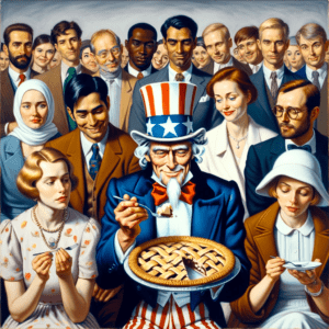 Uncle Sam eats the pie.