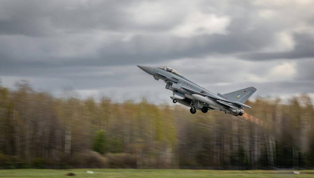 A German Air Force Eurofighter Typhoon takes off from Lielvarde Air Base in Latvia during a Baltic Air Policing rotation on 17 April 2024. (Image: NATO)