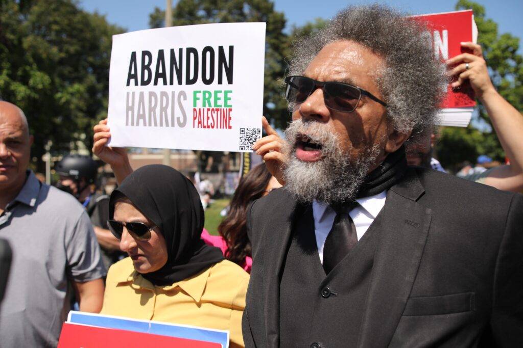 Cornel West, an independent presidential candidate, speaks at an anti-Palestinian and anti-Gaza war protest on the first day of the Democratic National Convention.