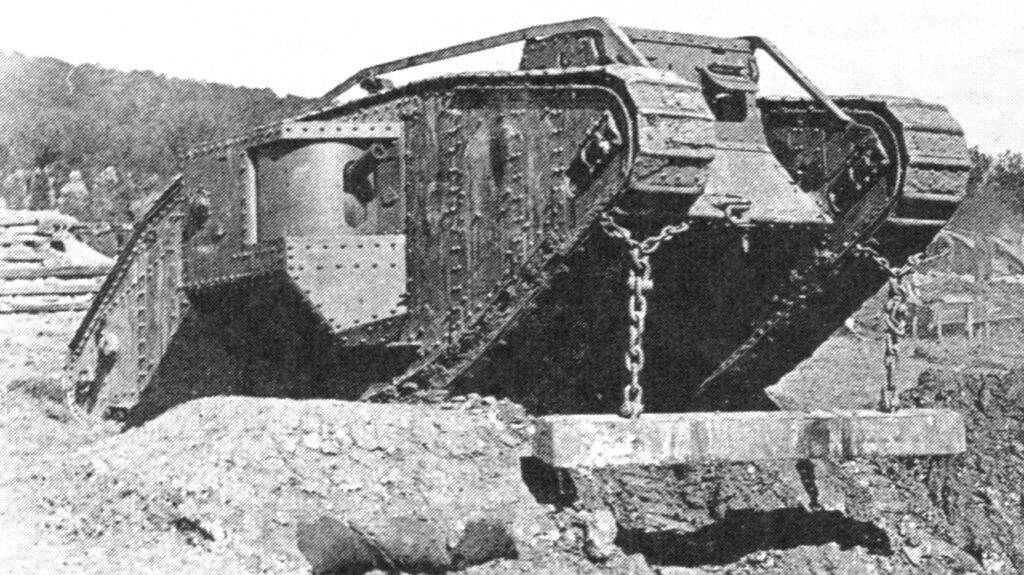 Mk IV tank with unditching beam, 1917. (Image:  David Fletcher, The British Tanks 1915-19, Ramsbury 2001. From Imperial War Museum photograph collection.)
