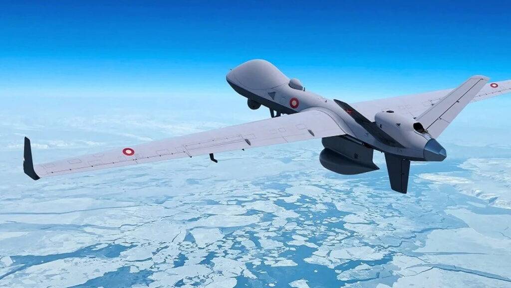 Artist’s rendering of a Danish MQ-9B SkyGuardian drone patrolling icy Arctic waters. Denmark is acquiring four of these long-range U.S.-built drones to bolster surveillance over Greenland and the North Atlantic. (Image: Danish Ministry of Defence)