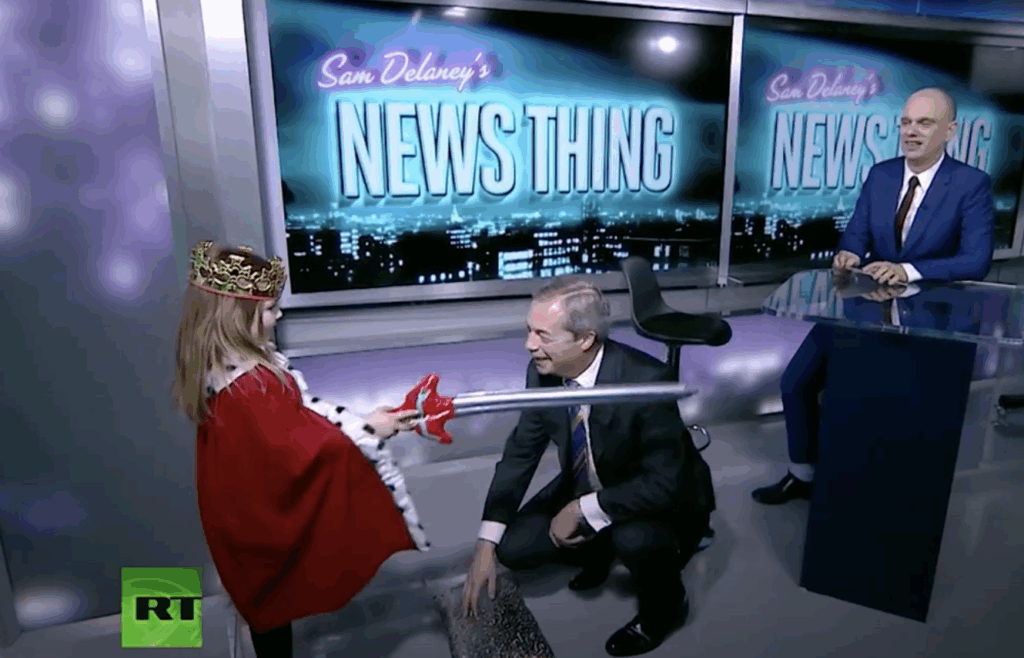 Nigel Farage is knighted on Russia Today by small child