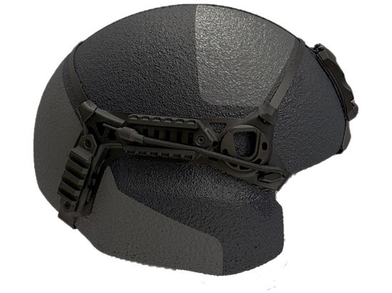 The FORTIS modular forehead shield, shown mounted on a helmet, upgrades Ulbrichts helmets to VPAM 8 protection against 7.62×39 mm armour-piercing rounds. (Image: Ulbrichts)