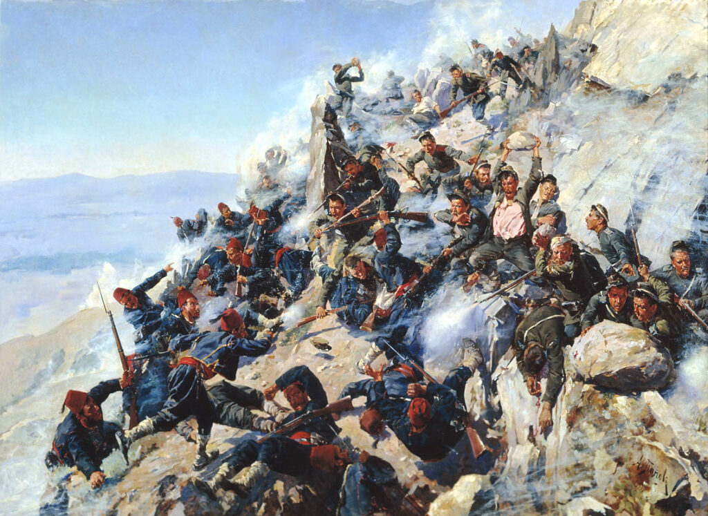 The Russian and Bulgarian defence of Shipka Pass against Turkish troops was crucial for the independence of Bulgaria, a 1893 painting by Alexey Popov.