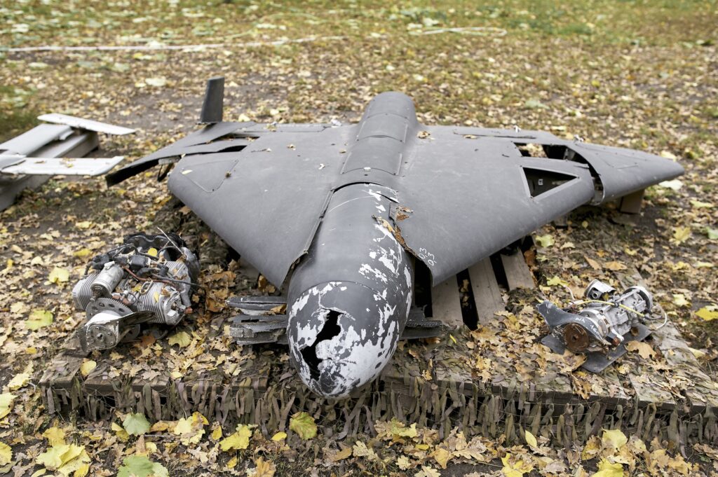 UKRAINKA, UKRAINE - NOVEMBER 1, 2025: A Russian Geran-2 (Shahed-136) dummy unmanned aerial vehicle