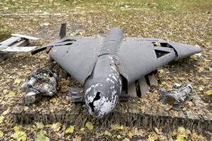 UKRAINKA, UKRAINE - NOVEMBER 1, 2025: A Russian Geran-2 (Shahed-136) dummy unmanned aerial vehicle