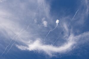 Traces of Patriot SAM system missiles in the sky over Kyiv after a Russian combined missile strike in July 8th, 2024 (Image: Shutterstock)
Traces of Patriot SAM system missiles in the sky over Kyiv after a Russian combined missile strike in July 8th, 2024 (Image: Shutterstock)