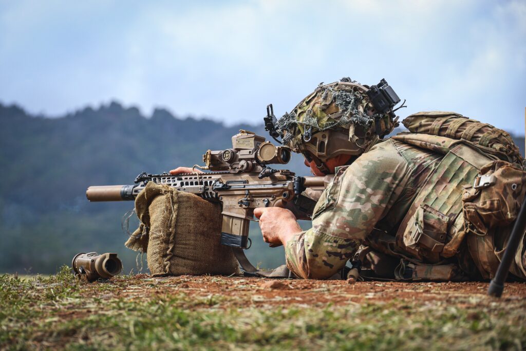 A US Army infantryman from the 2nd Battalion, 21st Infantry Regiment, 3rd Brigade Combat Team, 25th Infantry Division, fires an M7 rifle at Schofield Barracks, Hawaii, on 5 February 2026. (Image: Wikimedia Commons, public domain.)